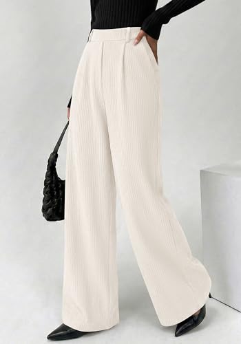 BTFBM Wide Leg Pants for Women Dressy Work Business Casual Elastic High Waisted Trousers Ribbed Lounge Palazzo Pants(White, X-Large) — view 3