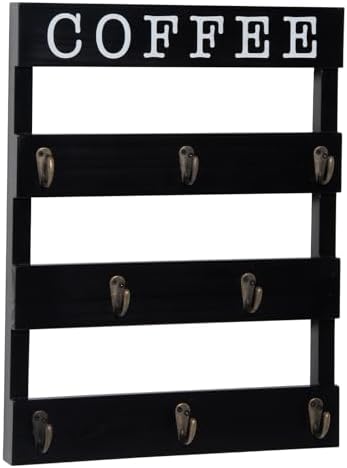 Solid Wood Coffee Mug Holder Wall Mounted, Rustic Cup Rack with 8 Hooks Large Space for Big Cups for Kitchen, Home, Coffee Bar Station (Black)