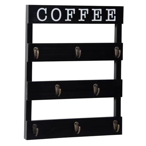 Solid Wood Coffee Mug Holder Wall Mounted, Rustic Cup Rack with 8 Hooks Large Space for Big Cups for Kitchen, Home, Coffee Bar Station (Black)