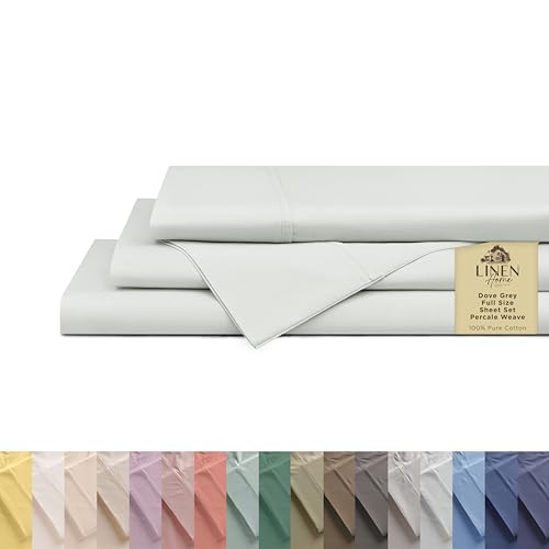 Image of Linen Home 100% Cotton Percale Sheets Full Size, Dove Grey, Deep Pocket, 4 Pieces Set - 1 Flat, 1 Deep Pocket Fitted Sheet and 2 Pillowcases, Crisp Cool and Strong Bed Linen