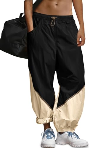 Fisoew Womens Baggy Wide Leg Pants Casual Elastic Waist Color Block Loose Workout Track Pants with Pockets Black