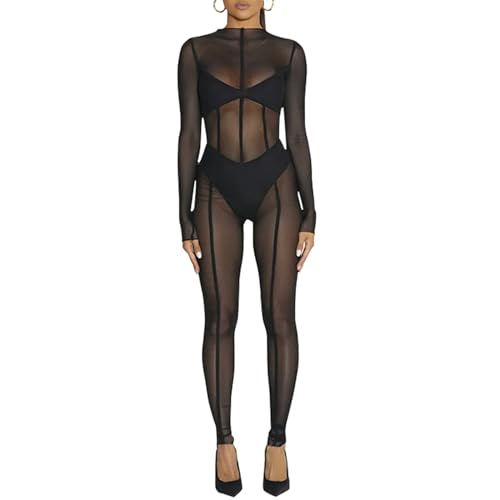 magorange Women Sexy Mesh Sheer See Through Bodycon Jumpsuits Long Sleeve One Piece Romper Club Outfits