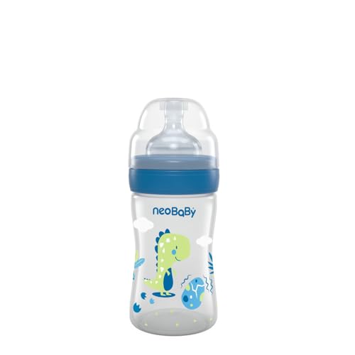 Neobaby Biberon PP Anticolica 0 Mesi + da 150 ml, Biberon con Tettarella in Silicone Morbida e Flessibile, Adatto per Allattamento Misto, Flusso Lento, Blu