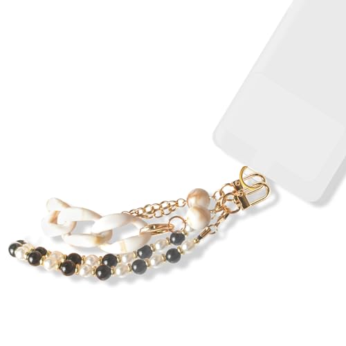 kedaijin Phone Wrist Strap Marble Beaded Leather Double Chain Phone Charm Hands Free Wristlet Bracelet Phone Chain (Black 2)