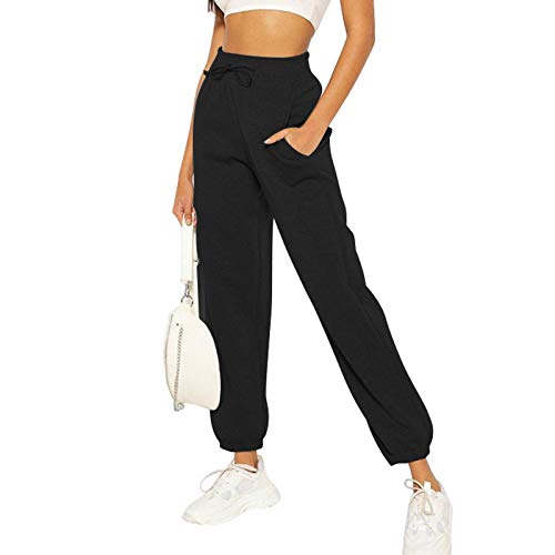 OutTop Sweatpants for Women Elastic Waist Solid Comfy Loose Sports Joggers Long Johns Bottoms Pants with Pockets (Black, S)