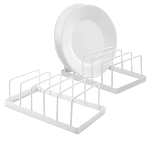 fuxunamz Soporte Platos, Organizador de Platos, Organizador Platos Armario Cocina, Escurridor para Platos de Metal para Cajones de Cocina, Armarios, Estantes (Blanco, 2 Piezas)