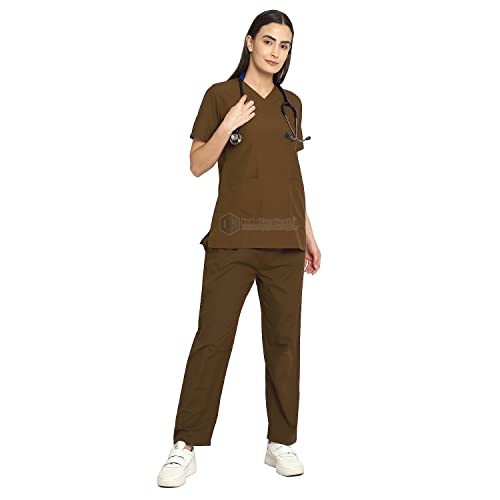 Image of IS IndoSurgicals Faux Wrap Scrub Suits for Doctors Women OT Dress (XXXXL, Brown)