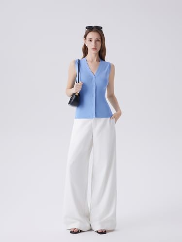 Image of SUUKSESS Women Sleeveless Sweater Tops Summer V Neck Button Down Vest Tops Business Casual Work Shirts