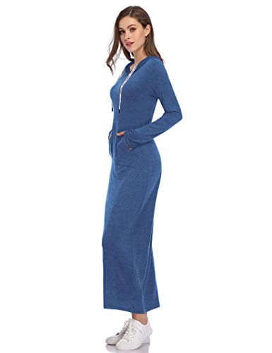 Glorystar Women Long Sleeve Pullover Hoodie Dress Stripe Pocket Ankle Length Slim Sweatshirt Casual Hooded Sweater Dresses A-Blue Gray Long L #TOP2