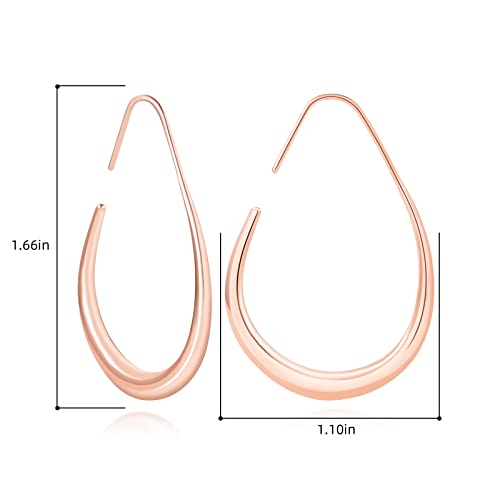 Lightweight Teardrop Hoop Earrings for Women - 14k Gold/White Gold Plated Large Oval Pull Through Hoop Earrings High Polished Statement Jewelry Gift for Women Teen Girls