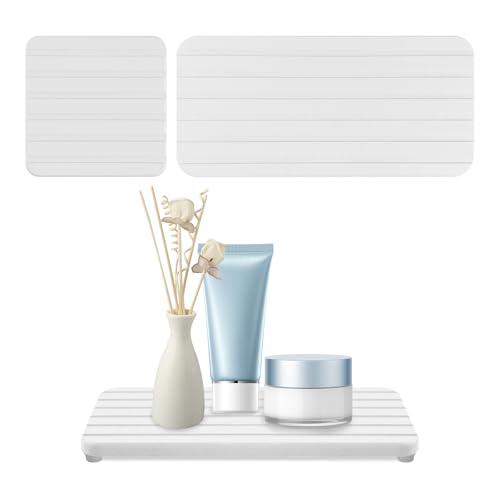 2-Pc Diatomite Coaster Set with Non-Slip Pads & Sandpaper, Quick-Dry Absorbent Mat for Sink & Stone Soap Tray, Suitable for Kitchen Countertops, Bathroom Scenarios - White