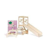 WECO Montessori Leertoren voor kinderen, 3-in-1 strepen, design met glijbaan en opstapkruk, FSC-certificaat, bureau, Montessori-meubels, keukenhulp, inklapbaar, stijlvolle leertoren (grijs