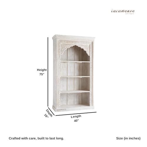 Image of Solid Wooden Book Shelf | Handcrafted Carved Display Unit Book Stand, Antique Wooden Book Shelves for Living Room, Office & Bedroom, Solid Wood Bookcase, Rustic Bookshelf, White Distress
