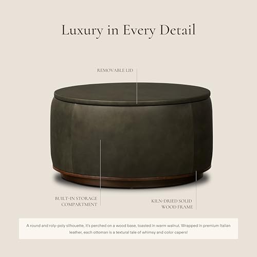 Image of Poly & BARK Herve Storage Ottoman in Olivine Green - Round Italian Full-Grain Leather Ottoman with Hidden Storage, Walnut Wood Base, Premium Accent Furniture, and Living Room Storage Solution