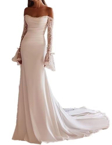 Off Shoulder Lace Applique Wedding Dress for Bride Strapless A-Line Satin Pleated Tulle Bridal Ball Gown with Corset