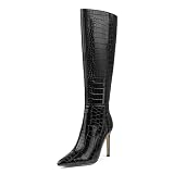 MERUMOTE Women's Knee High Boots Pointed Toe Buckle Side Zipper Stiletto Boots Black Crocodile-print US9.5
