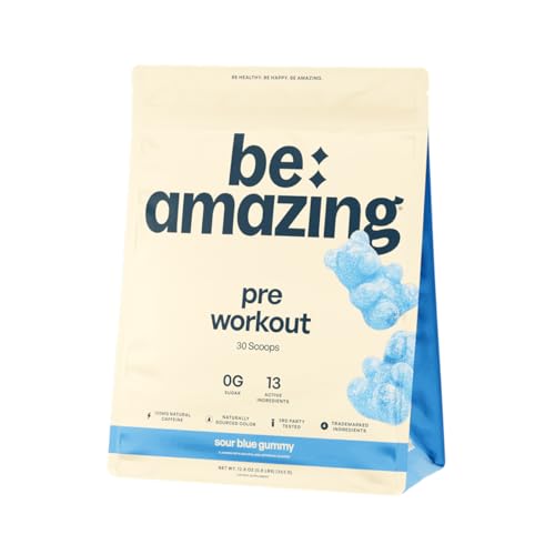 Image of BE AMAZING Pre Workout Powder, Vegan Supplement with 125mg Natural Caffeine, Ashwagandha and Adaptogens, Sugar Free Drink Mix for Men and Women, Gluten Free, Non GMO, Sour Blue Gummy, 30 Servings