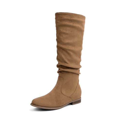 VJH confort Women's Knee-High Boots Comfortable Low Heel Almond Toe Wide Calf Side Zip Fall Winter Long Boots