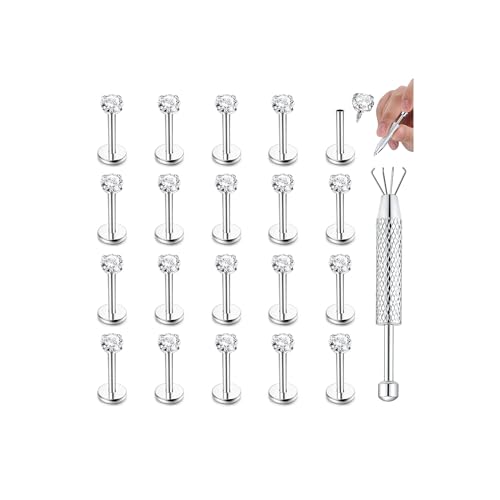 CASSIECA 20 Pièces 16G Hypoallergénique en Acier Inoxydable Goujons à Lèvres Labret Piercing avec 3mm CZ Cartilage Tragus Helix Monroe Piercing Stud Bijoux...