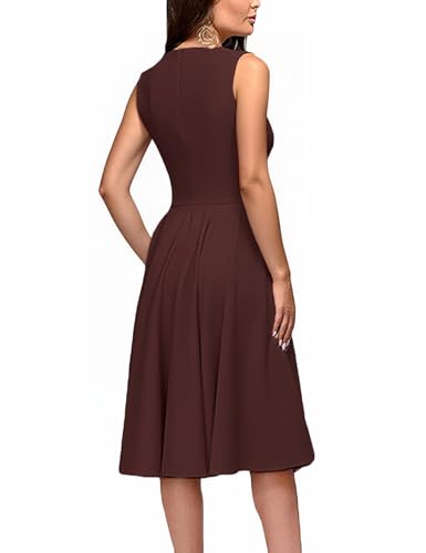 Image of FENJAR Women's Elegance Audrey Hepburn Style Ruched Dress Round Neck Sleeveless Swing Midi A-line Dresses (US, Alpha, XX-Large, Regular, Regular, A-Wine)