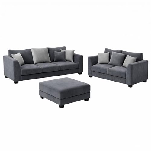 Image of SOCOZI Trevano 3+2 Seater Fabric Sofa Set with Ottoman | Soft Velvet Suede Upholstery | Modern Living Room Furniture (Dark Grey-Light Grey)