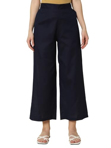 Image of FIORRA Womens Loose Mid Rise Cotton Solid Palazzo