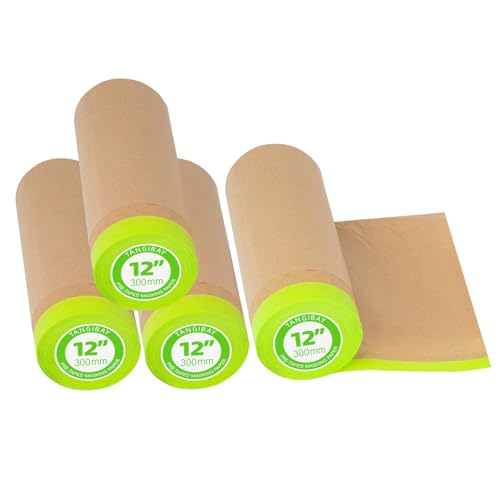 Image of Tangibay Pre-Taped Masking Paper for Painting - 12 inch x 50 feet Tape and Drape Painters Paper, Paint Adhesive Protective Paper Roll for Covering Skirting, Frames, Cars and Auto Body (4 Rolls)