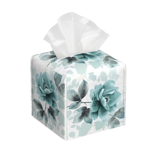 Mexpekil Square Tissue Box Cover Elegant Teal Flower Leaves PU Leather Waterproof Tissue Box Holder Facial Paper Tissue Cube for Car Bathroom Kitchen