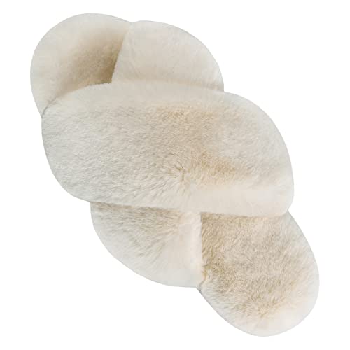 VONMAY Women's Fuzzy Slippers Cross Band Faux Fur Open Toe House Shoes - image 1