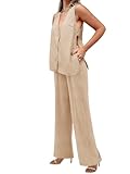 Tankaneo Womens 2 Piece Linen Sets Summer Outfits Sleeveless V Neck Botton Down Tank Tops and Pants Matching Set, Khaki, Medium