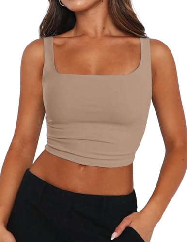 Zeagoo Tank Top for Women Sleeveless Square Neck Tops 2026 Slim Fit Crop Tops Basic Tight T Shirts Khaki