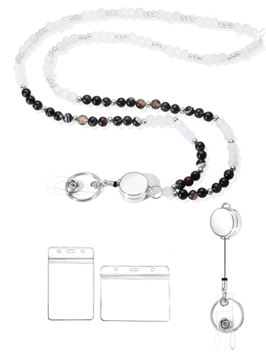 COTATI Teacher Lanyard for Id Badges and Keys,Retractable Beaded Cute Lanyards for Women Card Badge Holder (Silver-Black)
