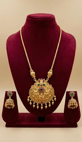 Image of South Indian Traditional Antique Matte Gold Finish Goddess Lakshmi & Peacock Motif Long Necklace Set with Jhumka Earrings for Women | Ethnic Temple Jewellery for Weddings, Brides & Festivals (Trendy)