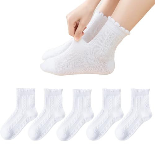 Looching Baby Toddlers Girls' Ruffle Dress Socks Cute Cotton Frilly Eyelet Princess Ankle Socks for Kids 2-9 Years 5 Pack