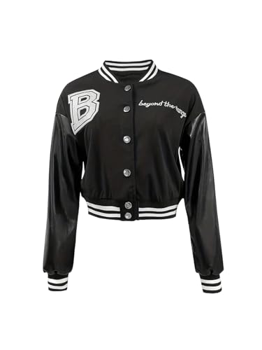 WDIRARA Women's Varsity Jacket Long Sleeve Button Down Motorcycle Cropped Bomber Jackets Streetwear