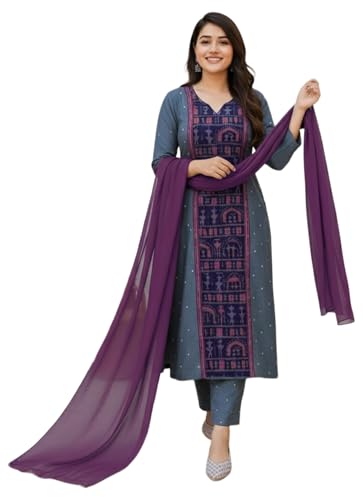 Image of ANNI Designer Women's Rayon Viscose Printed Straight Kurta with Pant and Dupatta | Stylish Ethnic Wear Set for Women | Casual, Festive & Office Wear Kurti Set