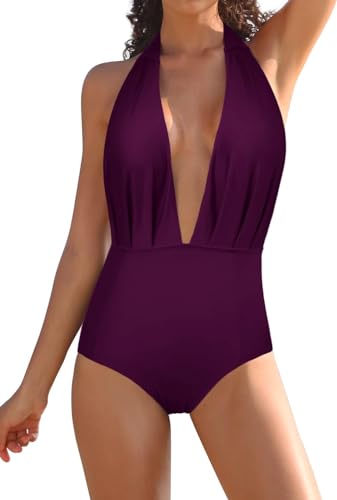 Buy X-Night Women One Piece Suit Fabric 4Way Deep Plunge Halter