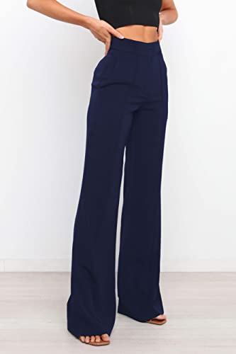 Siflif Women's Causal High Waisted Wide Leg Pants, Bootcut Dress Pants For Women, Work Pants With Pockets For Women Office Dark Blue #TOP3