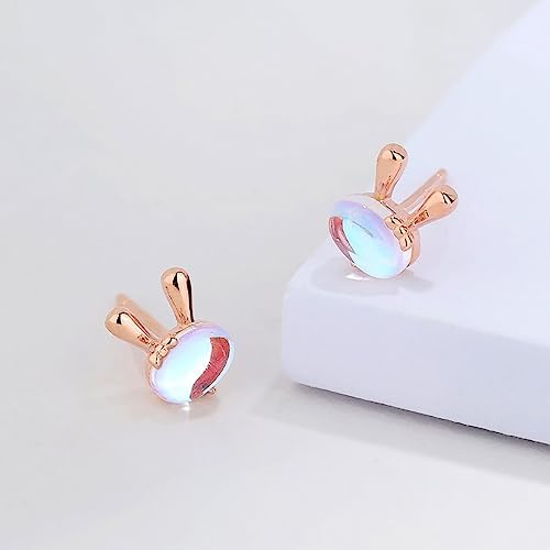 Cute Rabbit Moonstone Mini Stud Earrings 925 Sterling Silver Bunny Animal Cartilage Studs Earring for Women Teen Girls Daughter Hypoallergenic Jewelry Birthday Gifts