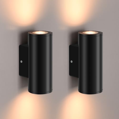 FUDESY Outdoor Wall Lights Mains Powered, IP54 Waterproof GU10 Socket Up Down Outside Lights Exterior Wall Sconce, Plastic Wall Lamp for Front Door Patio Terrace Hallway Porch Post Garage, 2 Pack