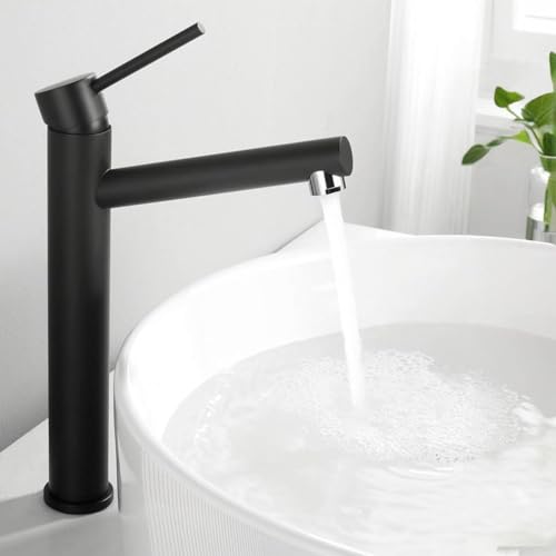 Tondiy Grifo Baño Alto Negro, Ángulo de Salida de Agua Cómodo, Grifería para Lavabo de Encimera, Mezclador Monomando con Caño Alto, Acero Inoxidable 304, Aireador Extraíble, Agua Fría y Caliente