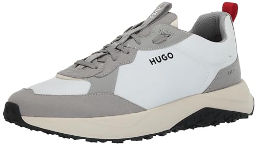 HUGO Men's Running Style Mix Material Sneakers, Crisp White/Light Dove Grey, 12