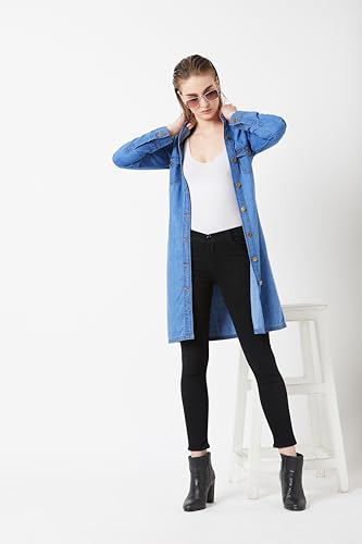 Image of Miss Chase Women's Polo Neck Full Sleeves Patch Pocket Denim Overcoat Knee-Length Jacket