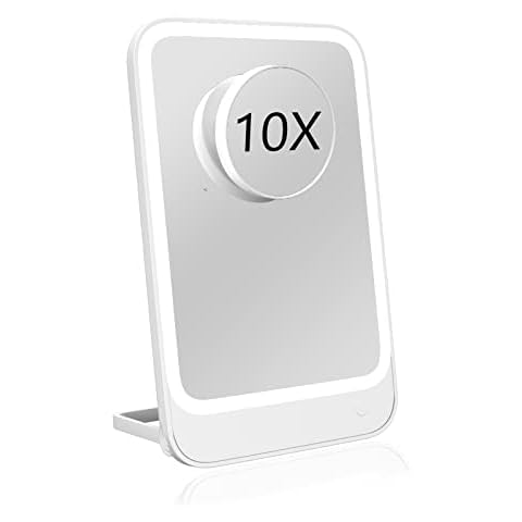 ANGNYA LED Makeup Mirror, Portable USB Rechargeable Travel Mirror with 3 Color Adjustable Lights / 10x Magnifying Mirror, Folding Vanity Mirror for Table & Wall Mounted Cover