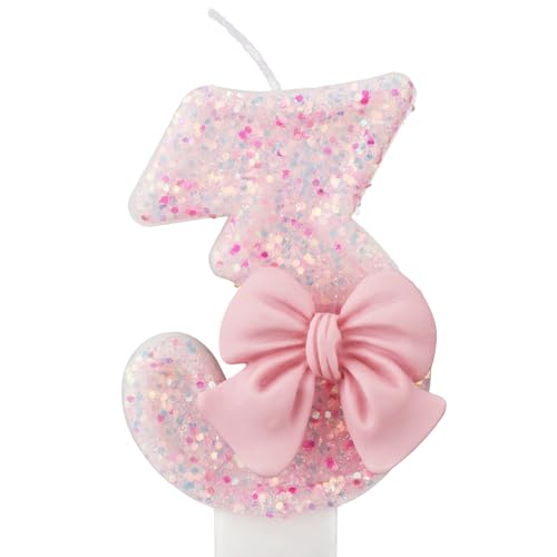 Image of 0-9 Birthday Candles, 2.95 inch Pink Bow Glitter Number Candles Cake Topper Decorations for Kids Girls Adults Birthday Wedding Anniversary Party Supplies(3)