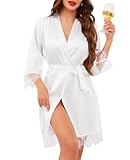 Lovasy Silk Dressing Gown for Women UK Lace Trim Women's Satin Robes Ladies Kimono Dressing Gowns Lightweight Bride Bridesmaid Silk Robe 3/4 Sleeve Sexy Satin Wedding Party Robe,White,M