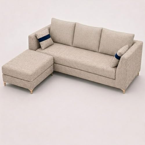 Image of FURNY Signature Cresta 4-Seater L-Shape Sofa Set with Movable Ottoman | Flexible LHS /RHS Layout | Boucle Weave Fabric | 40D Foam + Zigzag Spring | 3-Yr Warranty (Sandstone Beige)