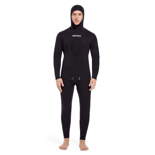 Men Neoprene 7MM Spearfishing Wetsuit with Hooded, 2 Pieces Long Sleeve Hunting Diving Suit with Loading Chest Pad for Cool Water Freediving Snorkeling Swimming (7mm Black, Medium)