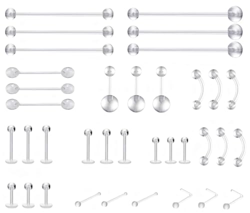 Clear Piercing Retainers for Surgery - Plastic Nipple Rings, Nose Retainer Kit Belly Button Jewelry Bioflex Earrings, Septum, Lip, Tragus, Industrial Bars