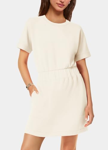 Image of SENSERISE Womens Short Sleeve T Shirt Dresses Crew Neck Solid Color Basic Smocked Waist Dress with Pockets